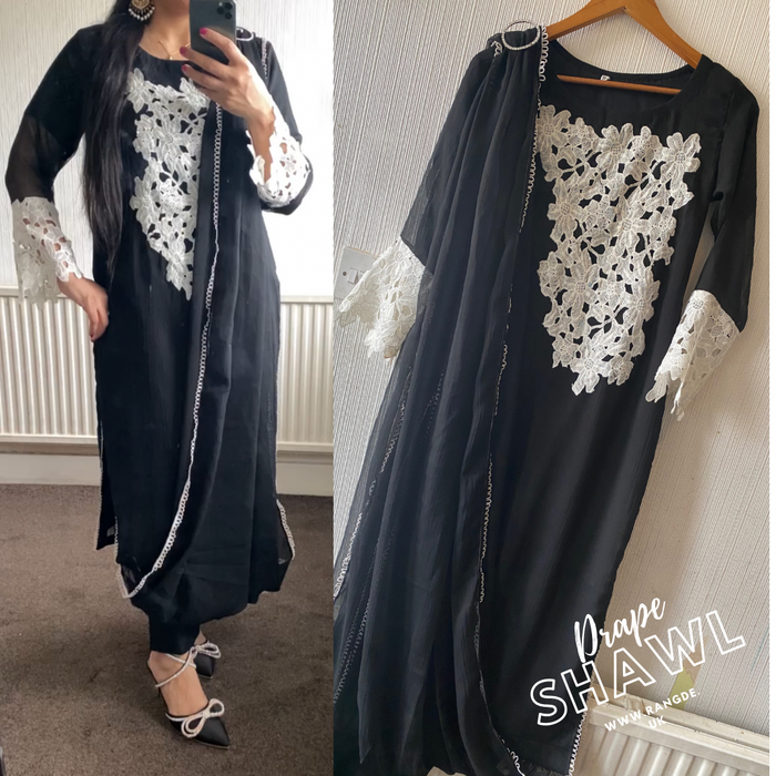 Monochrome Chiffon Drape Shawl black & white - Rang de Boutique