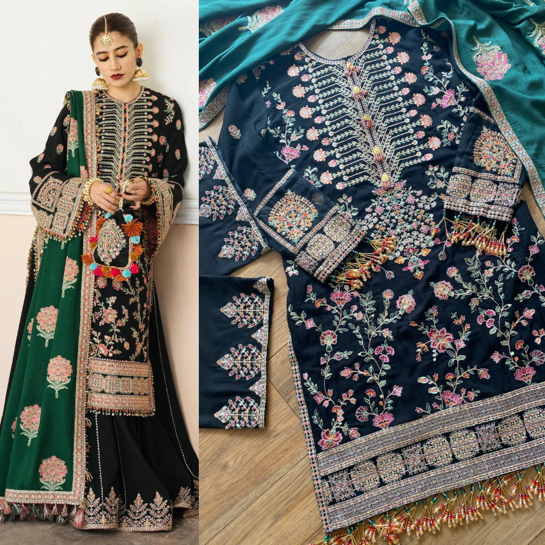 Verde” black & Green Karandi Winter Outfit - Rang de Boutique