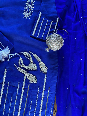 ‘Royal’ Royal Blue and Silver Rao Silk Party wear - Rang de Boutique