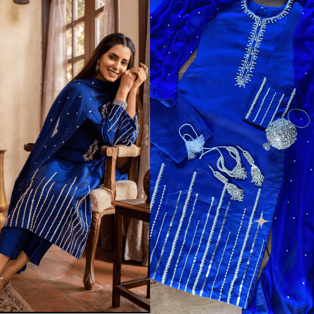 ‘Royal’ Royal Blue and Silver Rao Silk Party wear - Rang de Boutique