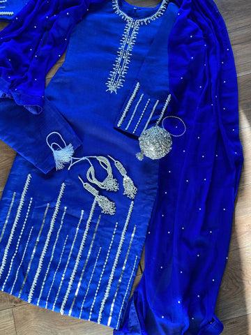 ‘Royal’ Royal Blue and Silver Rao Silk Party wear - Rang de Boutique