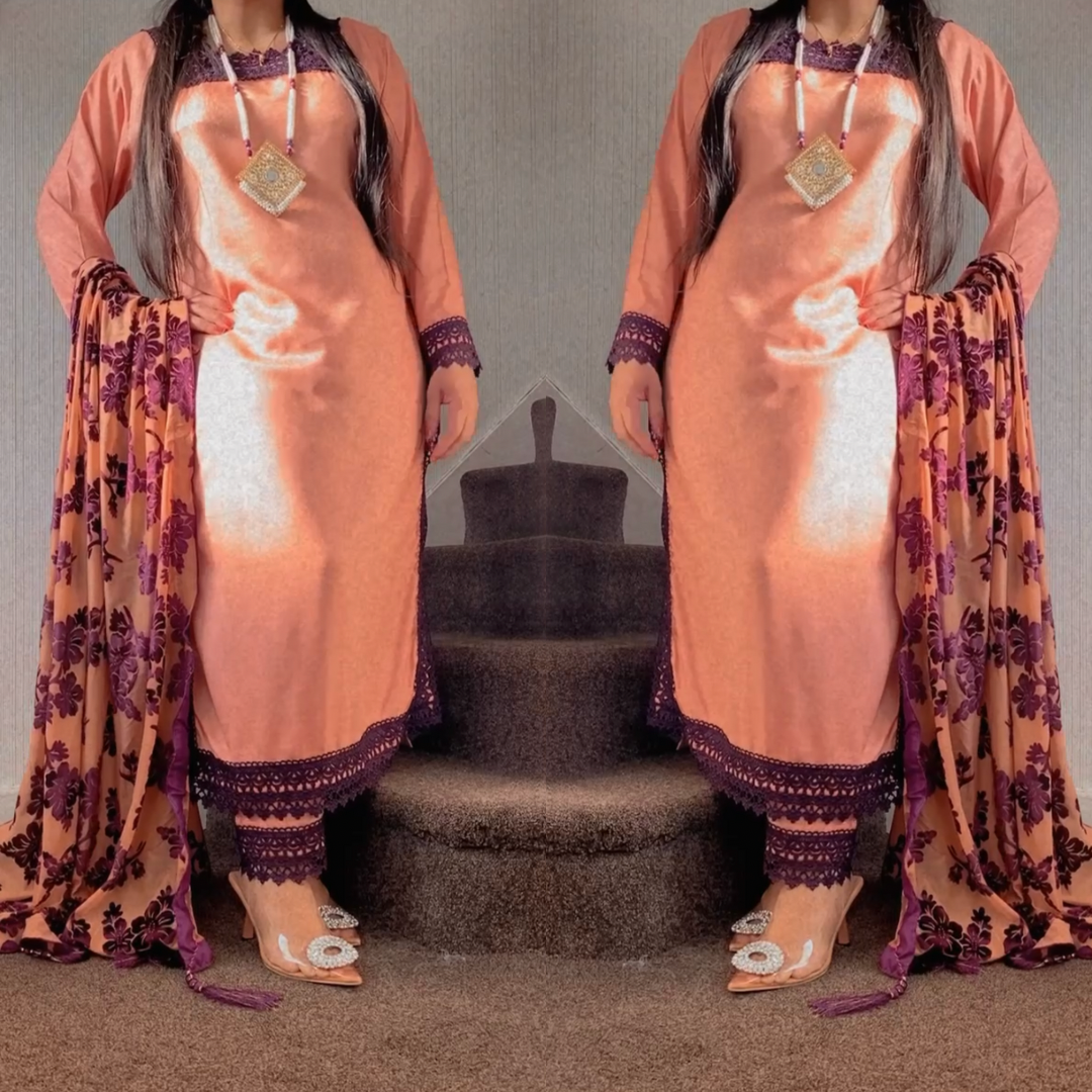 Purple plachi velvet shawl with plain suit - Rang de Boutique